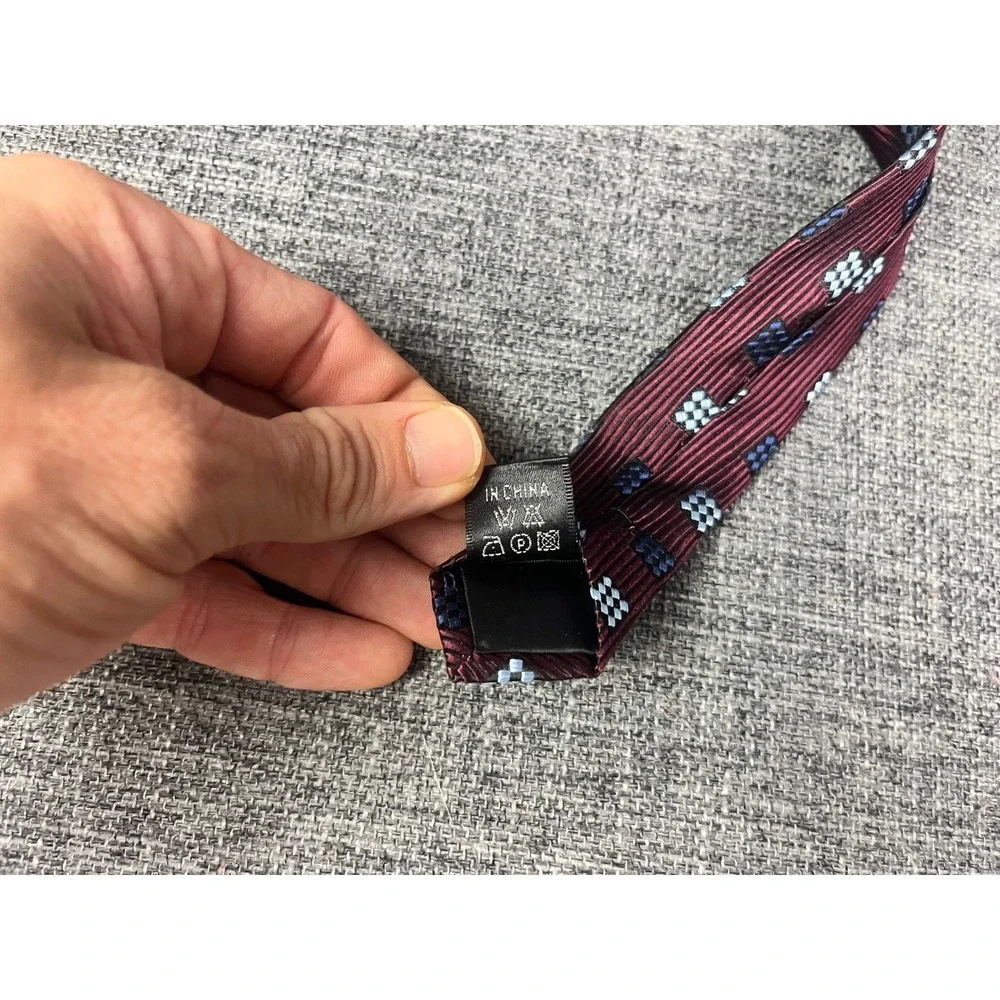 Joseph & Feiss Burgundy Silk Geometric Square Pattern Hand Made Necktie XL 63in